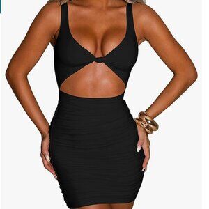 Women's Sexy Bodycon Sleeveless Cut Out Ruched Tank Mini Club Party Dress